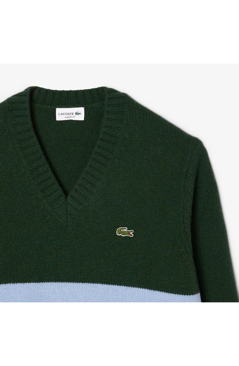 Lacoste Classic Stripe Wool V-Neck Sweater, Alternate, color, Sinople/ Overview