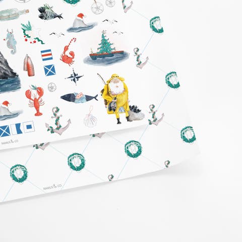 Two-sided "seas N' Wishes" Heavyweight Christmas/holiday Gift Wrap (eight Sheets)