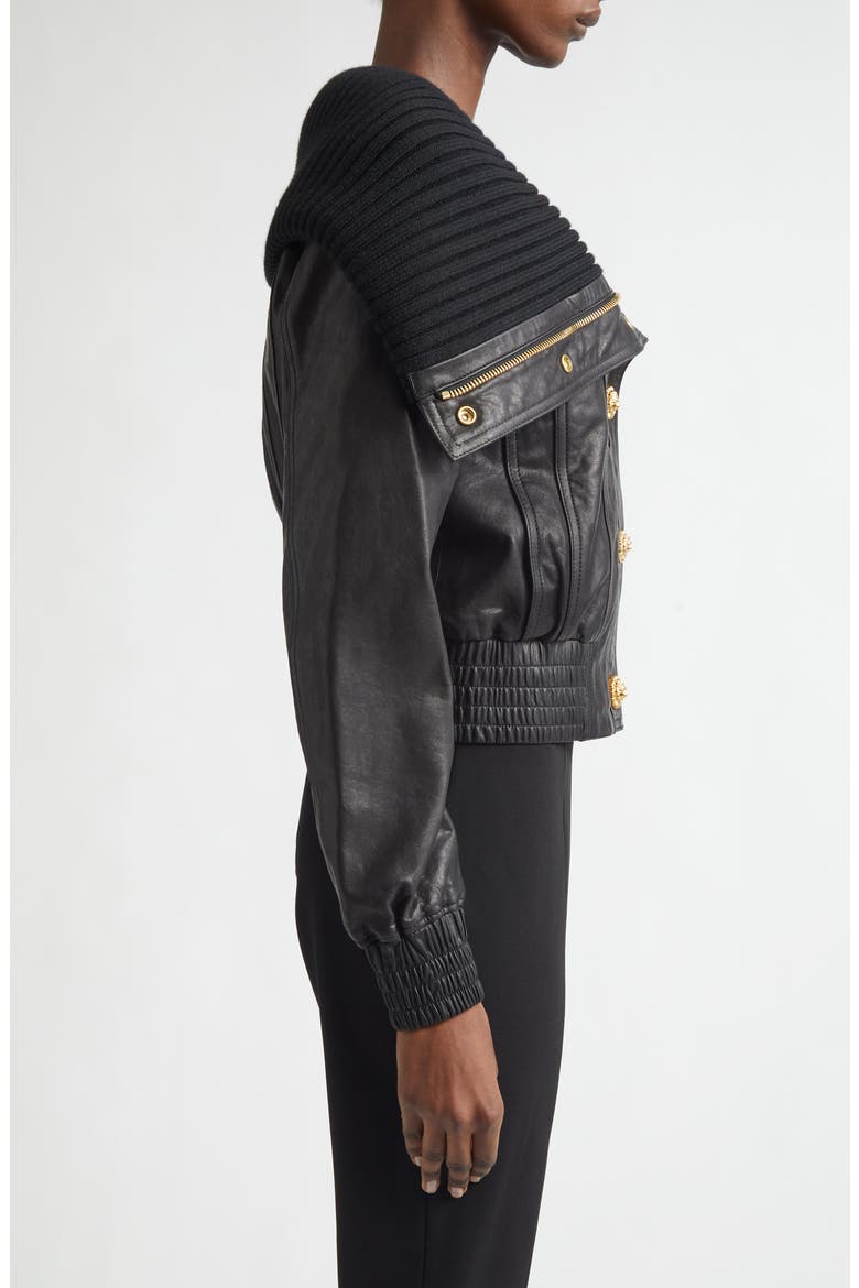 Knit Collar Lambskin Leather Bomber Jacket, Alternate, color, 0PA BLACK