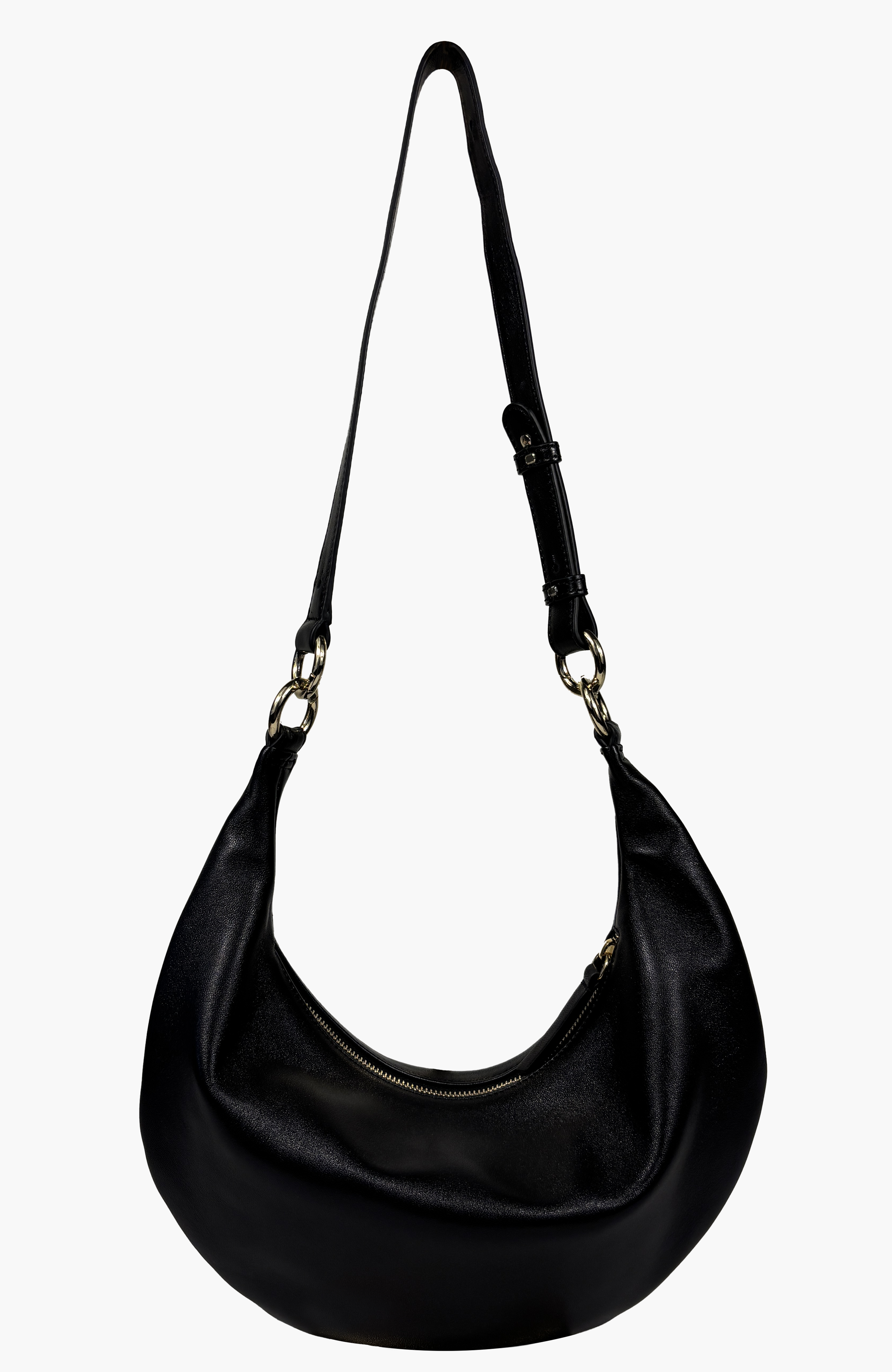 HYER GOODS Small Leather Convertible Hobo Crescent Ring Bag, Main, color, Black/Gold