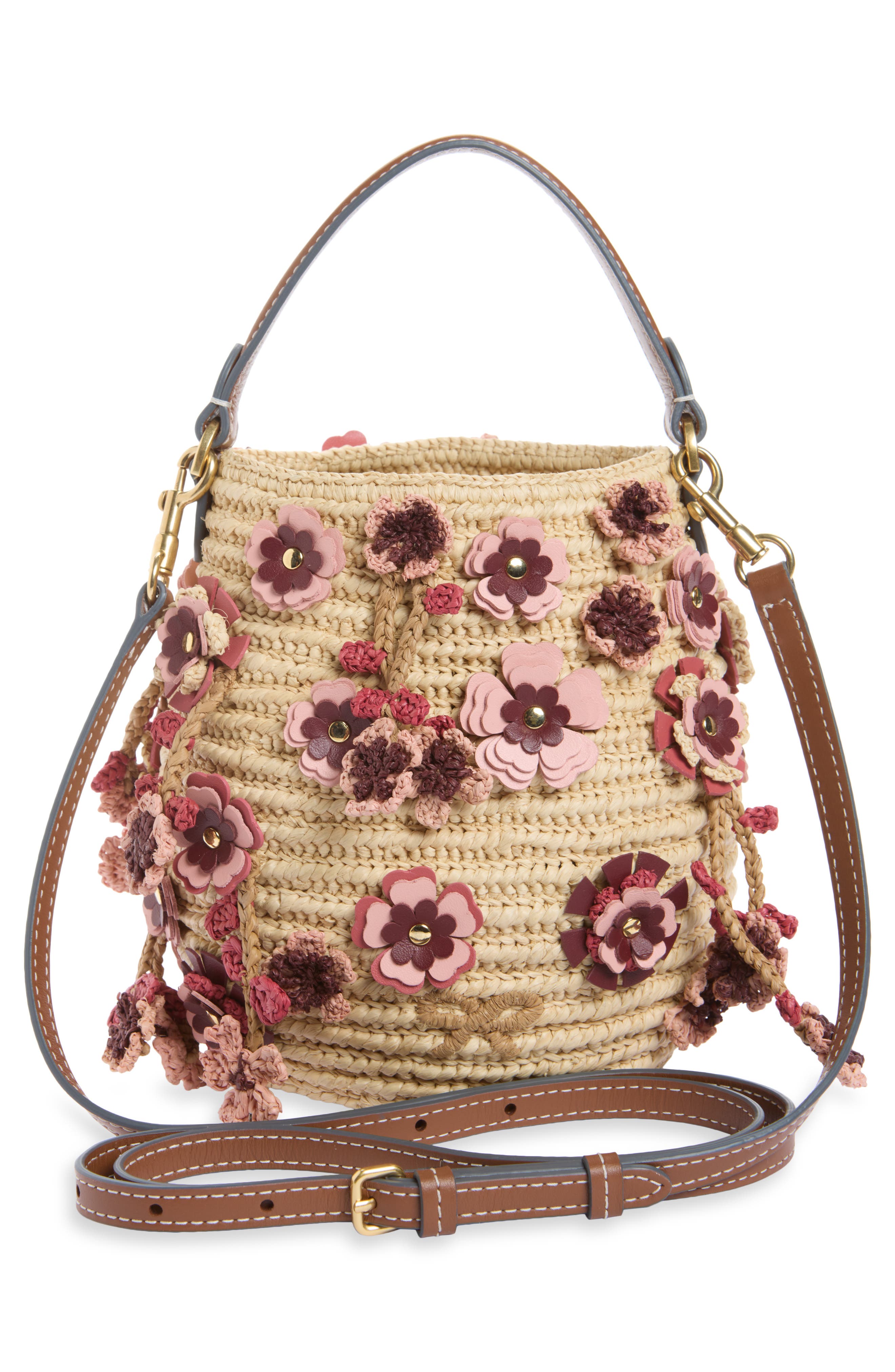 Blossom Creature Crochet Raffia Crossbody Bag, Alternate, color, NATURAL/ PINK