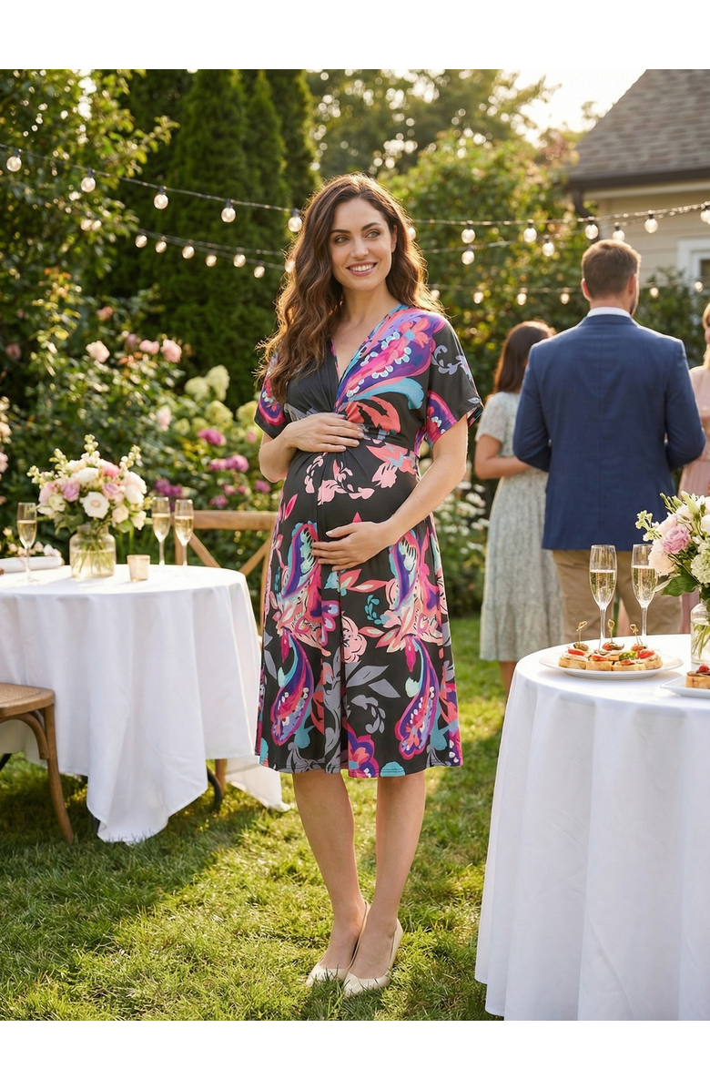 24seven Comfort Apparel Maternity Paisley V-Neck Short Dolman Sleeve Twist Front A-Line Midi Dress, Alternate, color, Black Multi