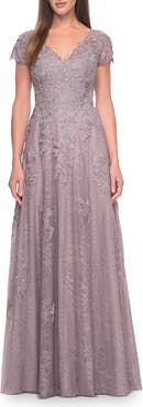 La Femme A-Line Dress with Lace Applique and Sheer Short Sleeves