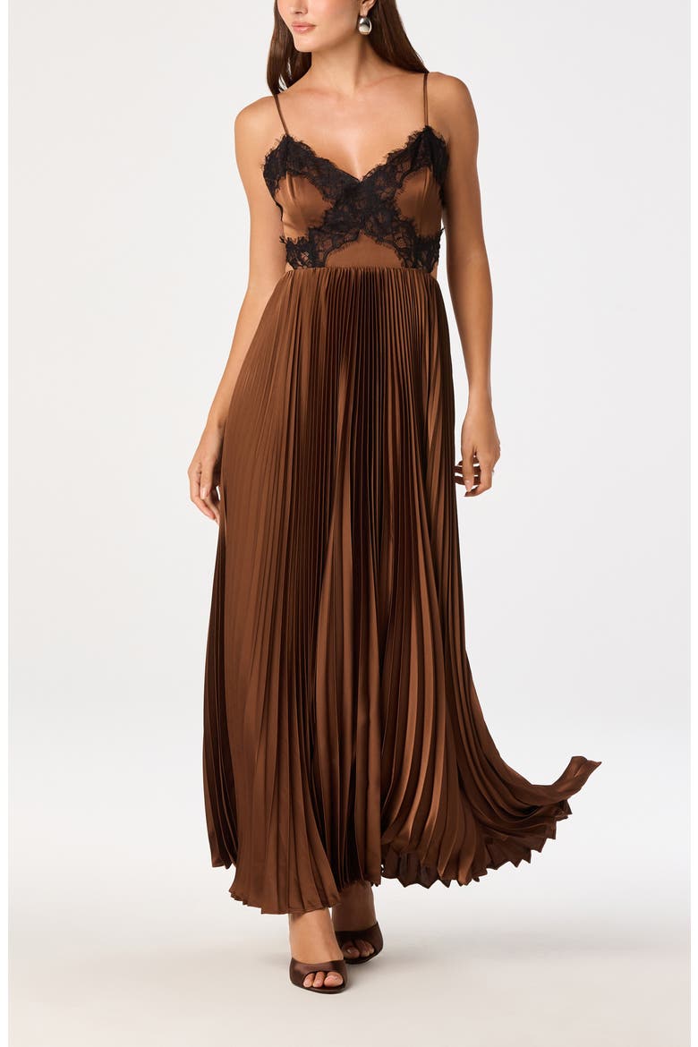 Andy Pleated Lace Detail Maxi Dress, Alternate, color, BROWN