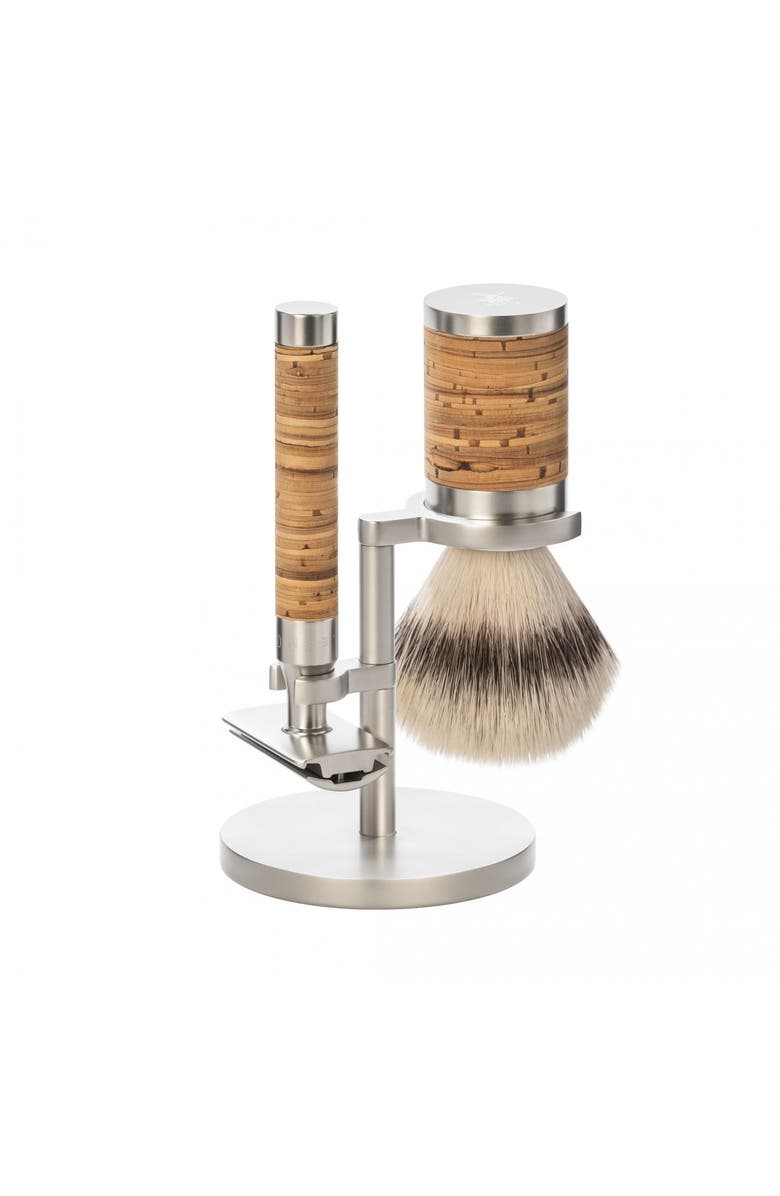 MÜHLE Rocca Birch Bark and Stainless Steel 3-Piece Silvertip Fiber & Safety Razor Shaving Set, Main, color, Birch Bark