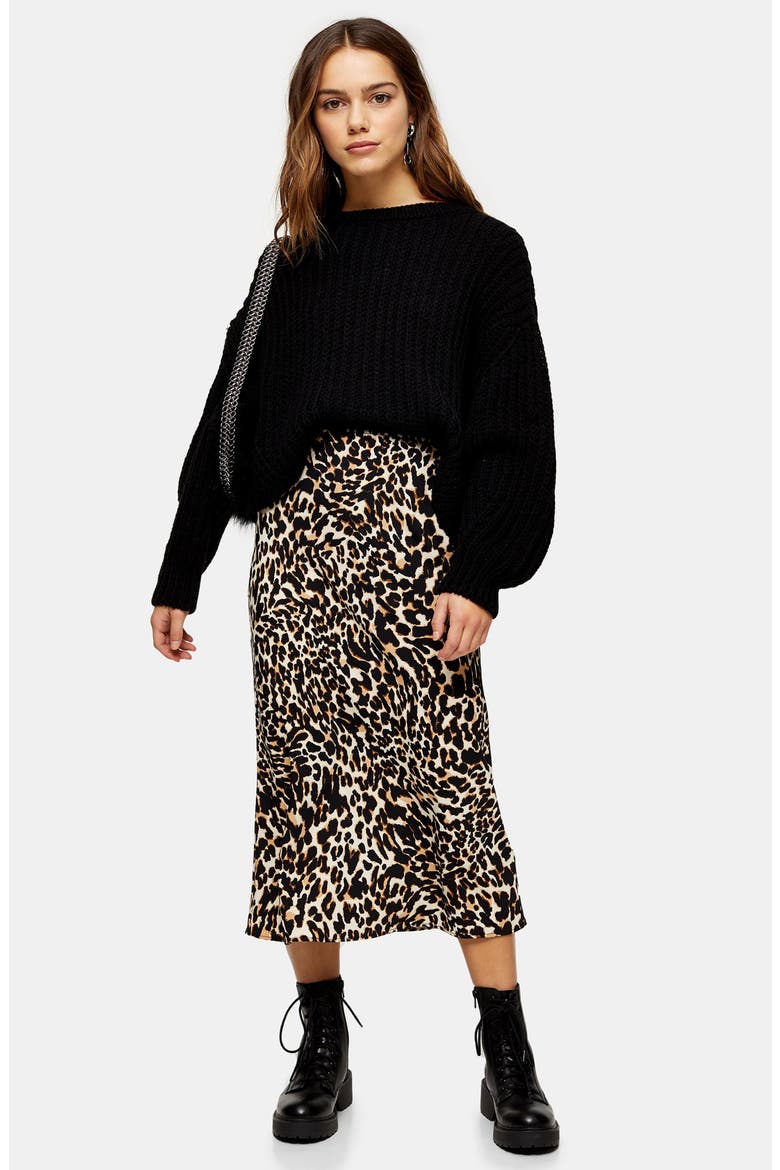 Leopard Print Bias Satin Midi Skirt, Alternate, color, LEOPARD