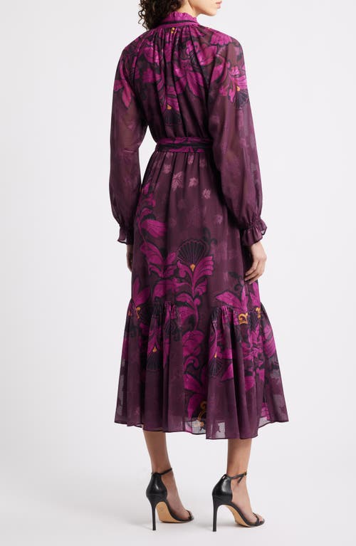 Ciebon Natalie Metallic Mixed Print Long Sleeve Dress In Burgundy