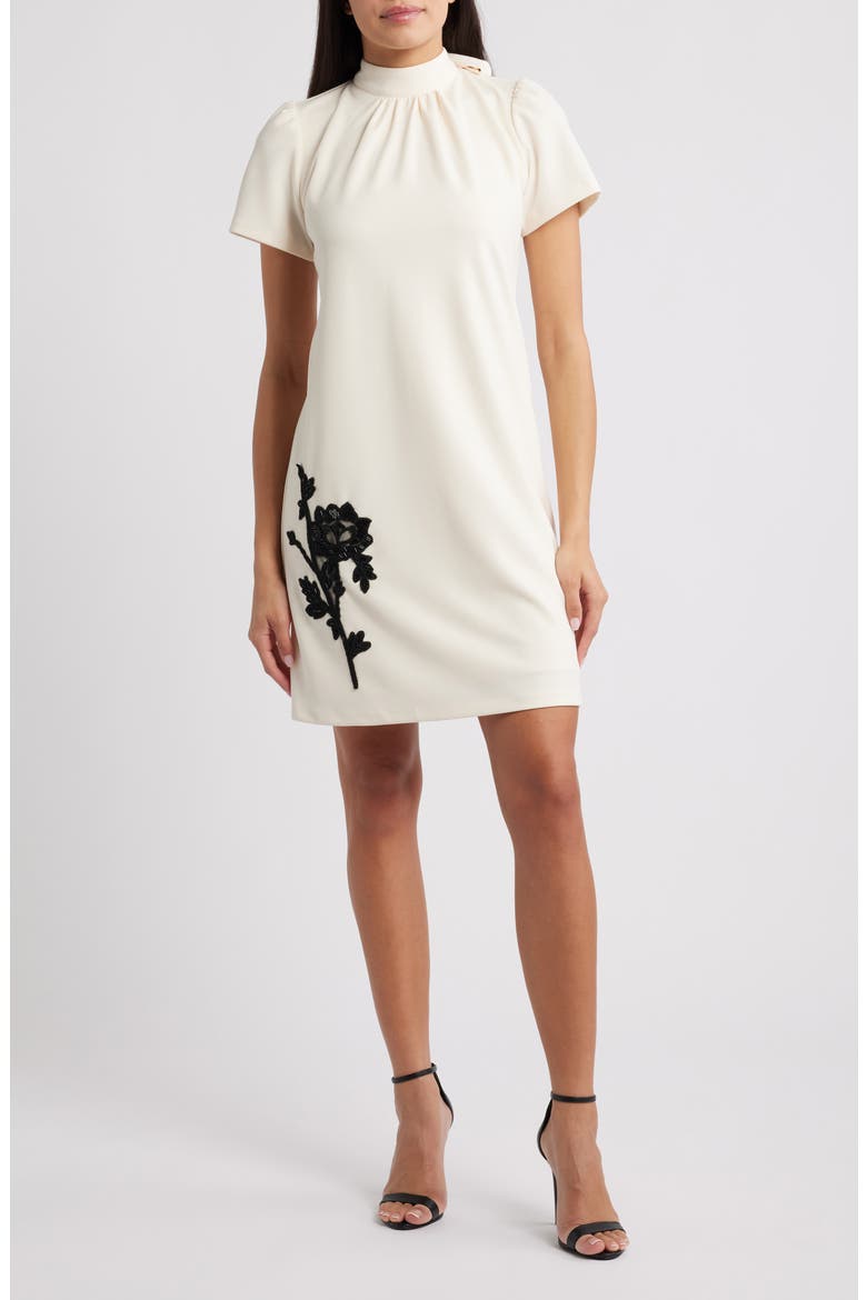 Floral Mock Neck Sheath Dress, Main, color, SWAN WHITE/ ANNE BLACK