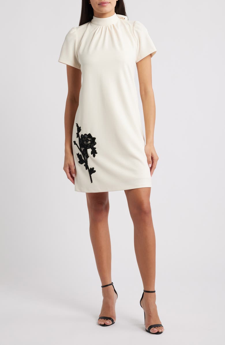 Anne Klein Floral Mock Neck Sheath Dress, Main, color, Swan White/ Anne Black