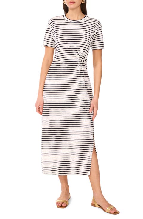 Stripe Pleated Side Cotton T-Shirt Dress