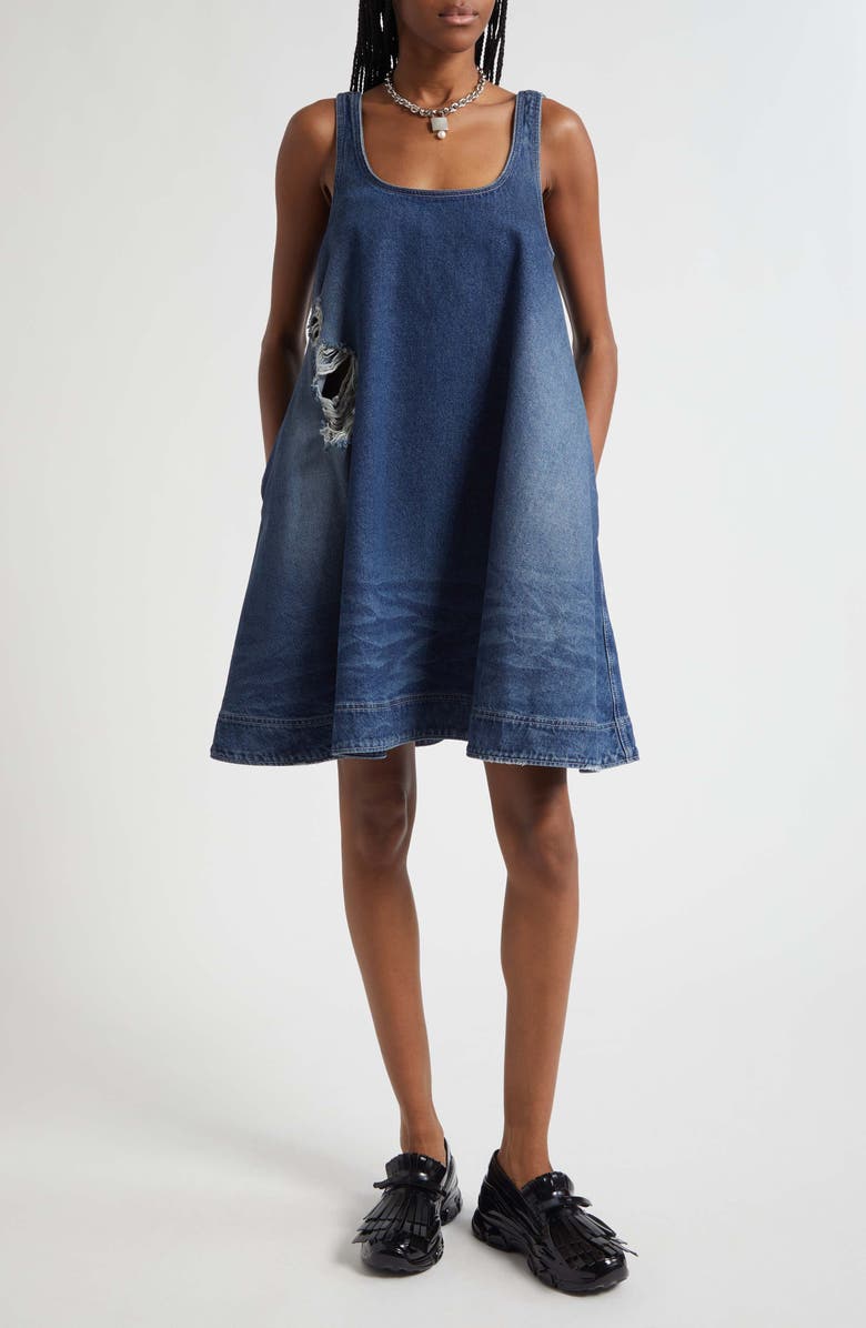 Simone Rocha Embellished Distressed Denim A-Line Dress, Main, color, Distressed Blue