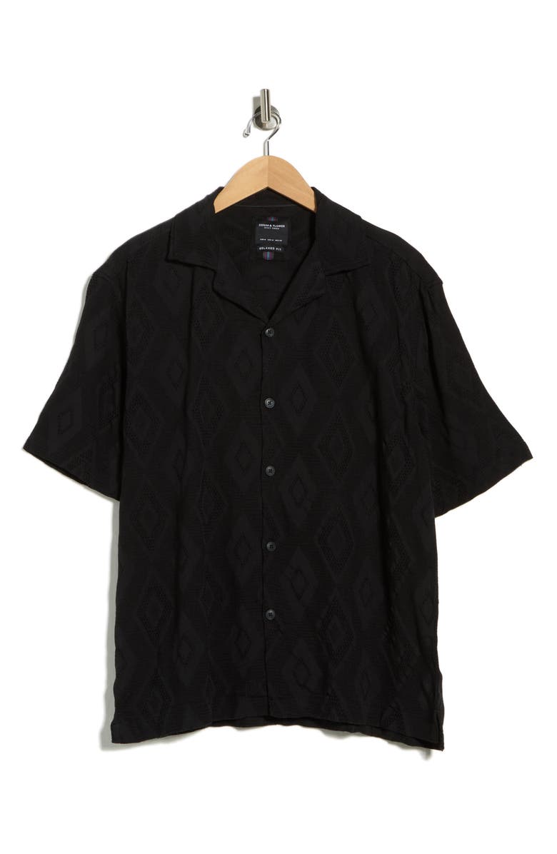 DENIM AND FLOWER Diamond Textured Relaxed Fit Camp Shirt, Alternate, color, Black