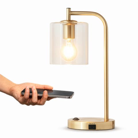 Elizabeth 16" Led Brass Desk Lamp With Clear Glass Shade, Wireless Charging Pad And Usb-c Port