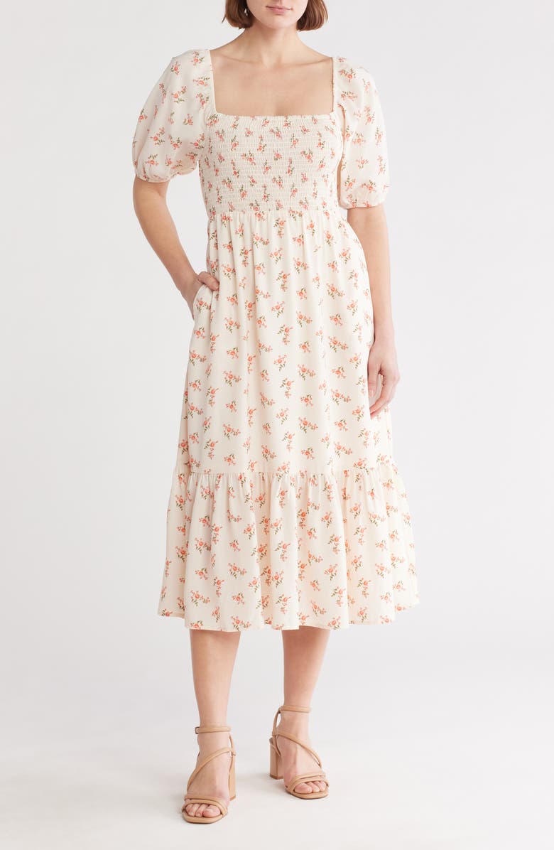 Melrose and Market Smocked Puff Sleeve Midi Dress, Main, color, Ivory- Pink Flowers