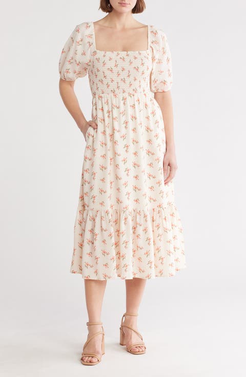 Smocked Puff Sleeve Midi Dress