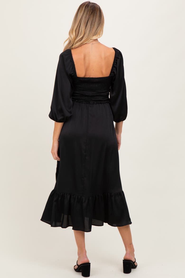 Satin Smocked Cinched Bust Midi Dress, Alternate, color, Black