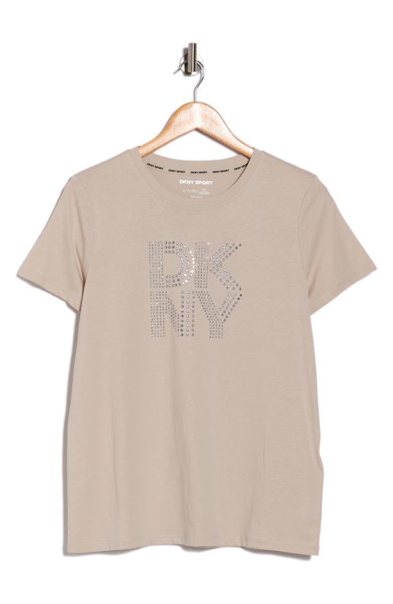 DKNY Mixed Rhinestone Logo T-Shirt, Alternate, color, Oat/ Silver