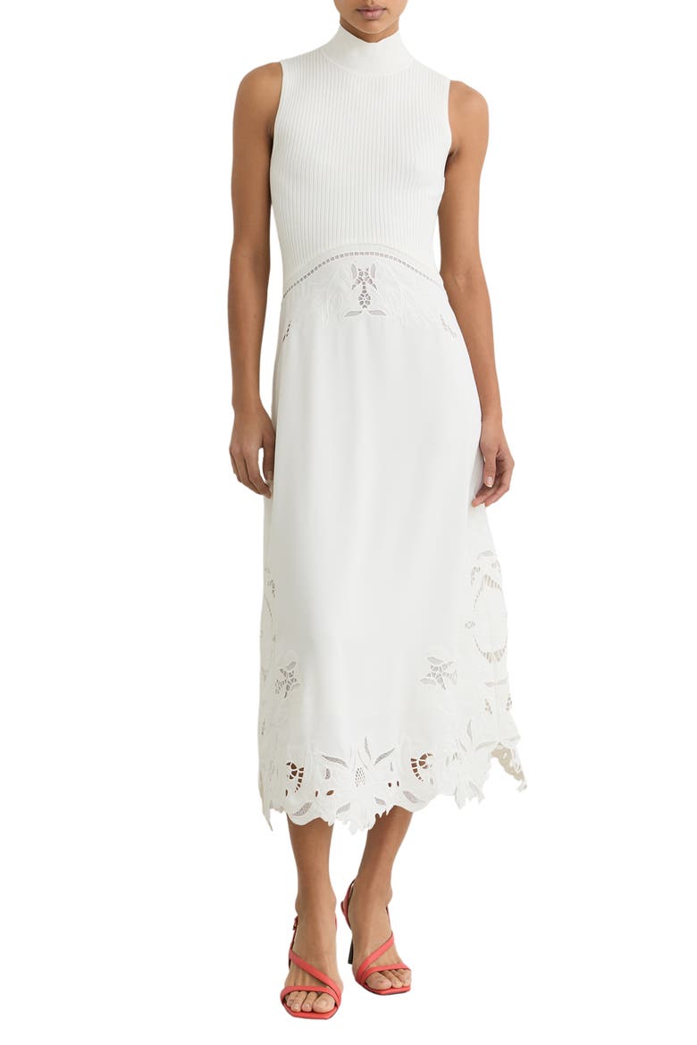 Phoenix Mixed Media Embroidered Eyelet Detail Dress, Main, color, IVORY