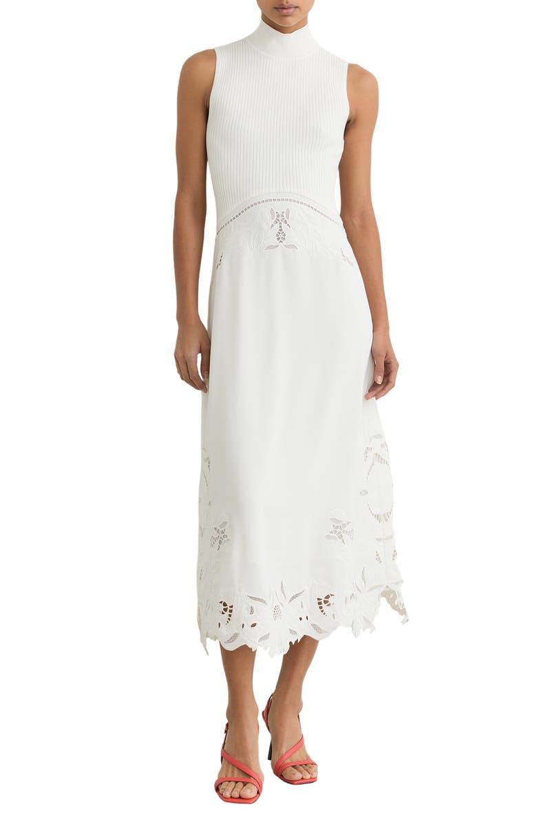 Reiss Phoenix Mixed Media Embroidered Eyelet Detail Dress, Main, color, Ivory