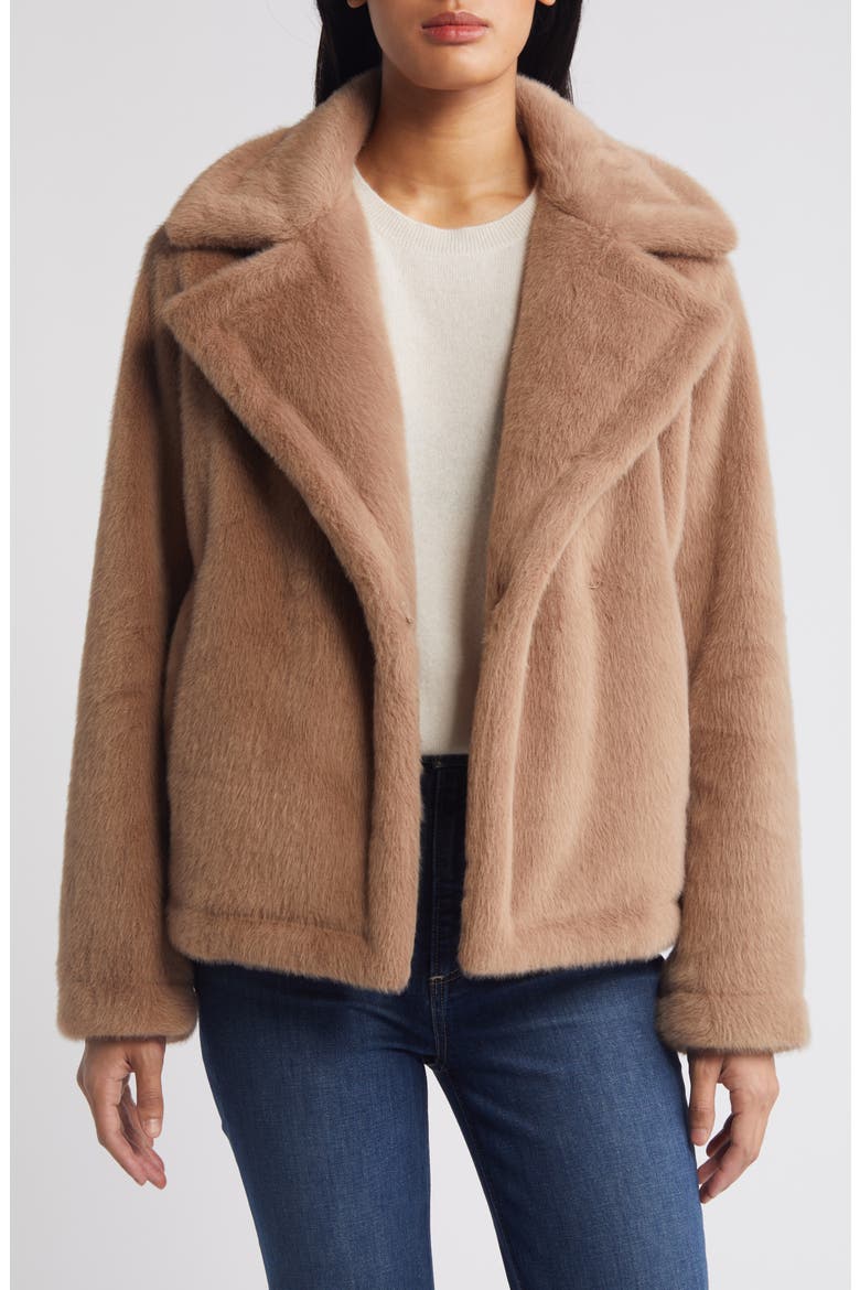 Notched Lapel Faux Fur Jacket, Alternate, color, SEPIA TAUPE