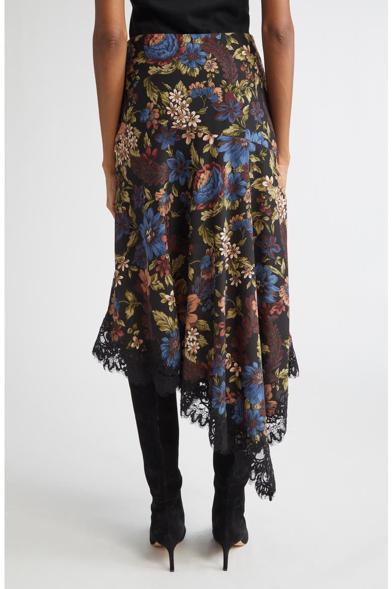 Rosemary Floral Asymmetric Hem Stretch Silk Skirt, Alternate, color, BLACK MULTI