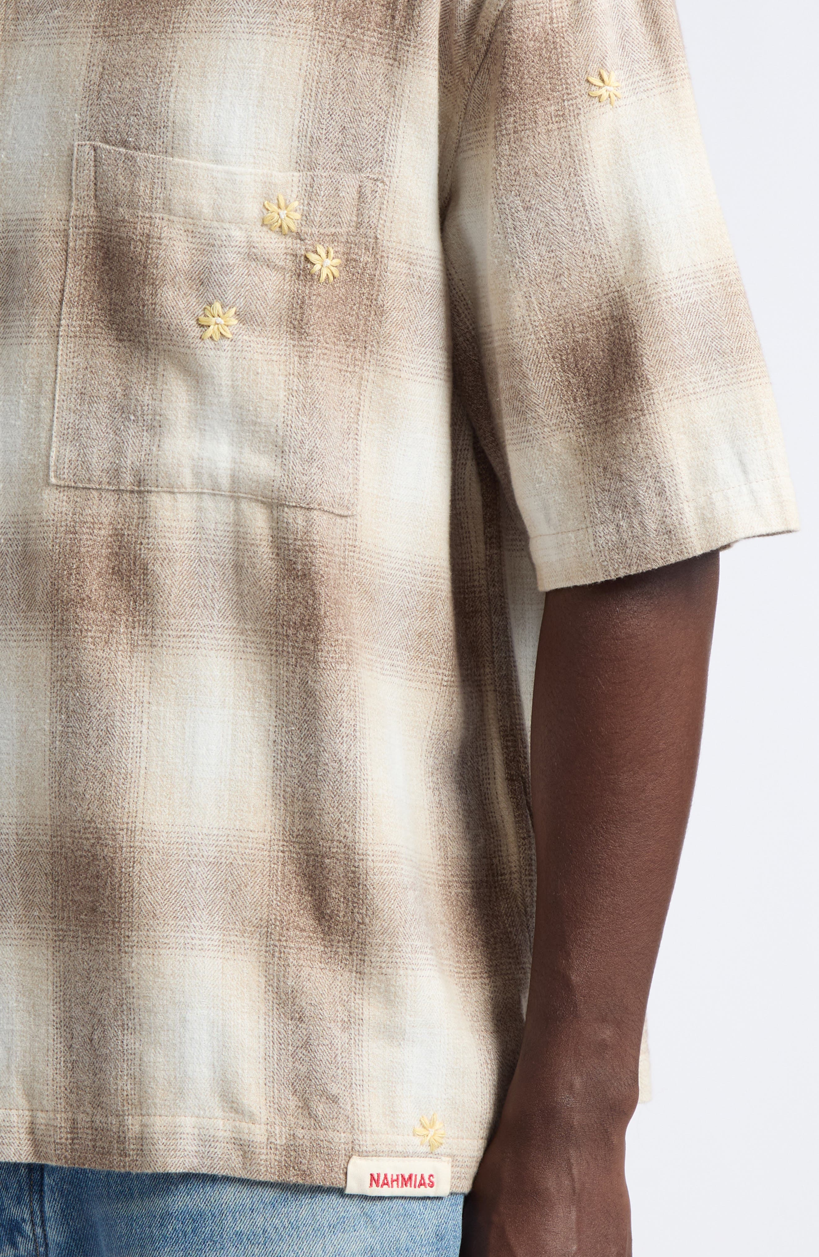 NAHMIAS Oversize Floral Embroidered Plaid Short Sleeve Cotton Flannel ...