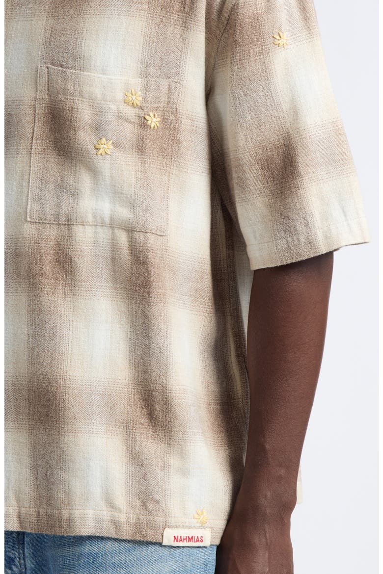 Oversize Floral Embroidered Plaid Short Sleeve Cotton Flannel Button-Up Shirt, Alternate, color, SAND