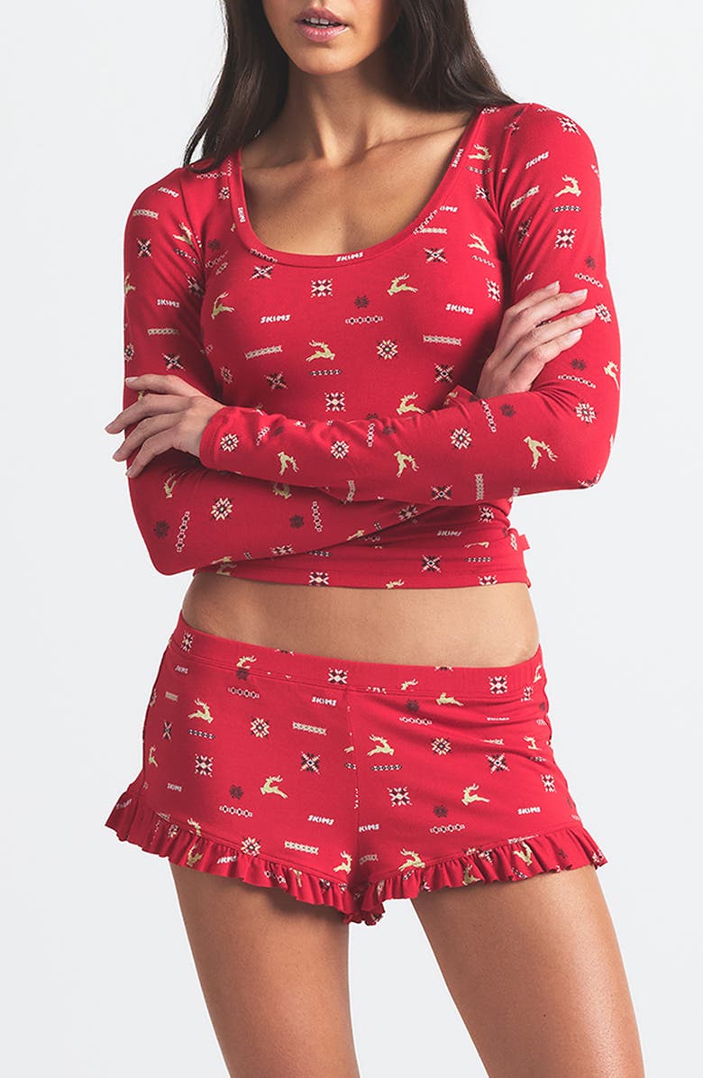 SKIMS Scoop Neck Top & Ruffle Shorts Pajamas, Main, color, Cranberry Vintage Deer Print