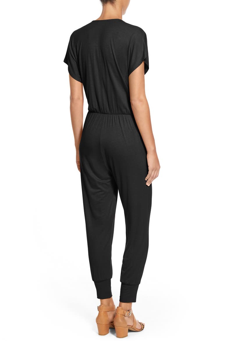 Short Sleeve Wrap Top Jumpsuit, Alternate, color, BLACK