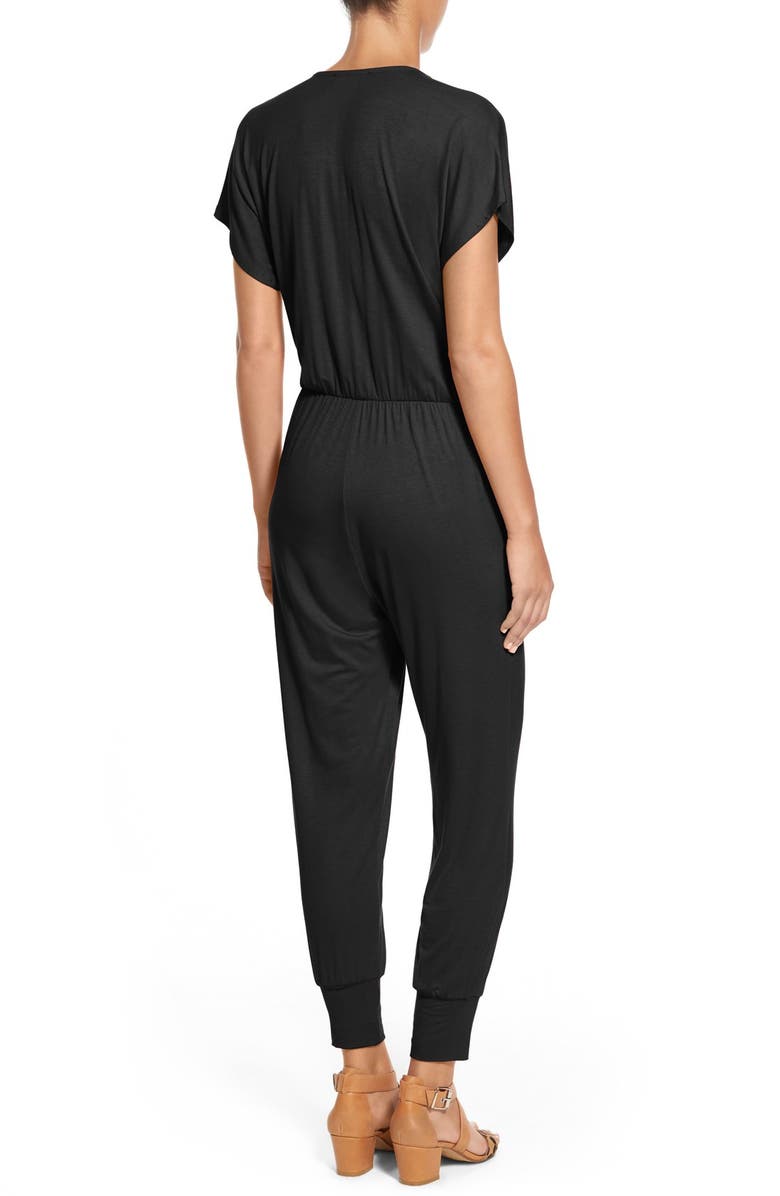 Loveappella Short Sleeve Wrap Top Jumpsuit, Alternate, color, Black