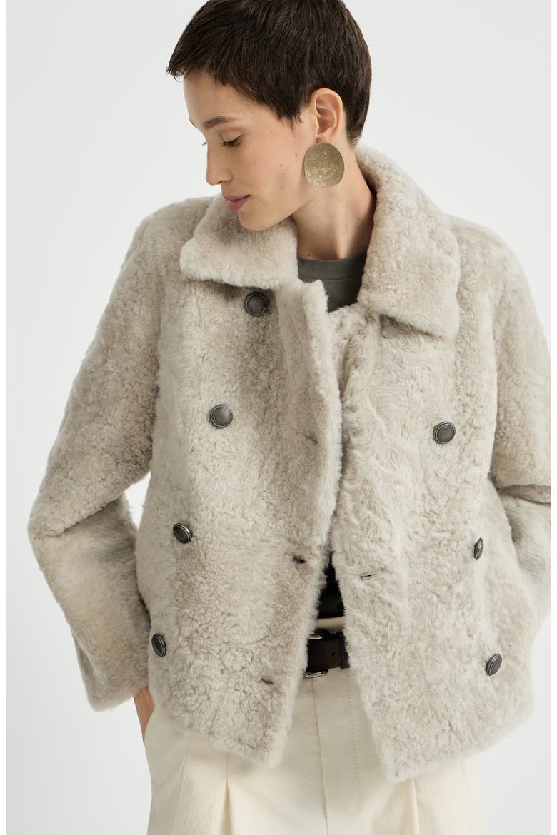 Fuzzy shearling pea coat, Alternate, color, Ivory