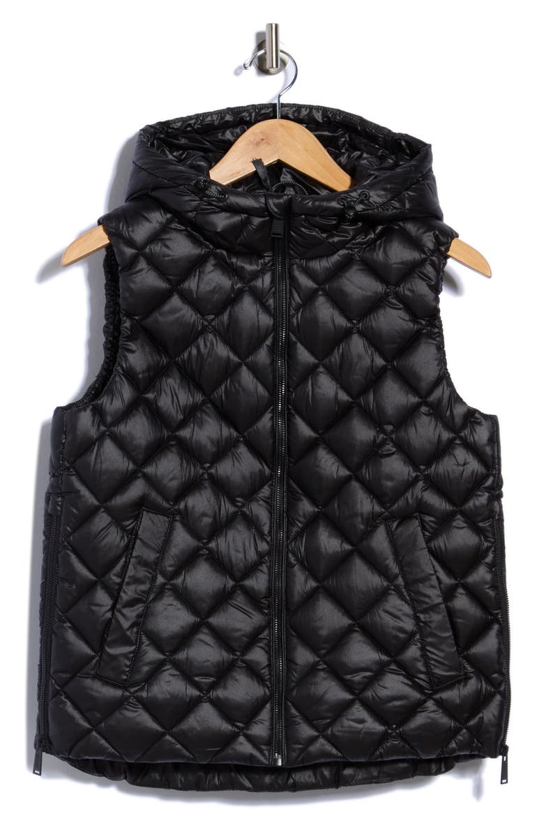 Hooded Diamond Quilted High Low Vest, Main, color, METLC BLK