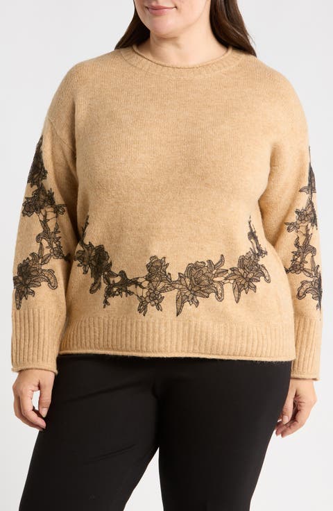 Lace Appliqué Crewneck Sweater