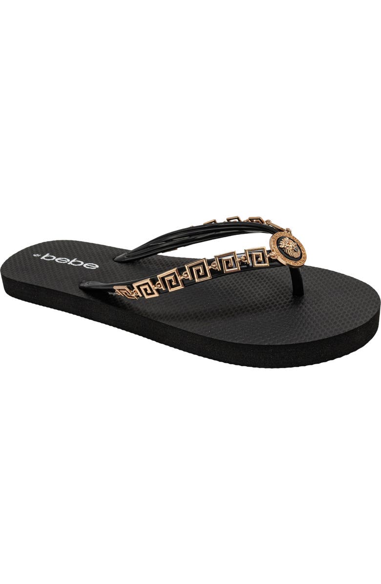bebe Lion Charm Thong Flip Flop, Main, color, Black