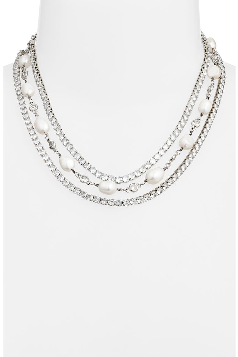Freshwater Pearl & Cubic Zirconia Layered Choker, Main, color, SILVER