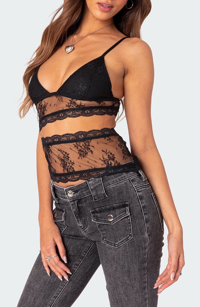 EDIKTED Spice Cutout Sheer Lace Camisole, Alternate, color, Black