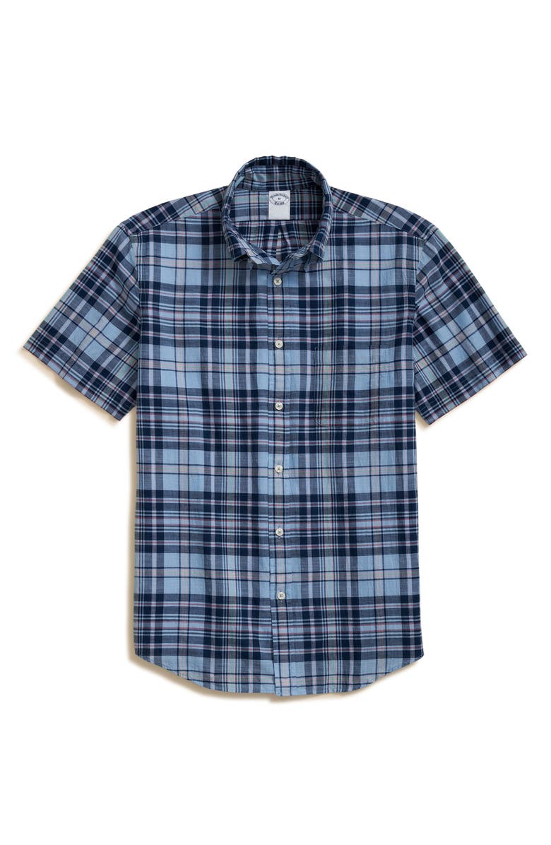 Brooks Brothers Regular Fit Madras Plaid Short Sleeve Cotton Button-Down Shirt, Main, color, Light Blue Multi