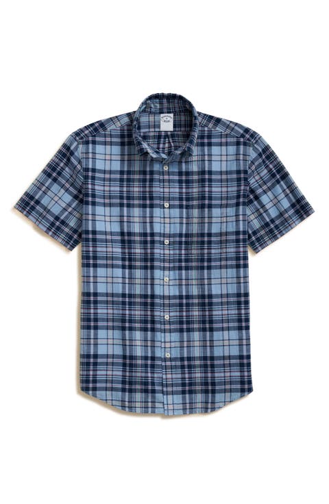 Regular Fit Madras Plaid Short Sleeve Cotton Button-Down Shirt