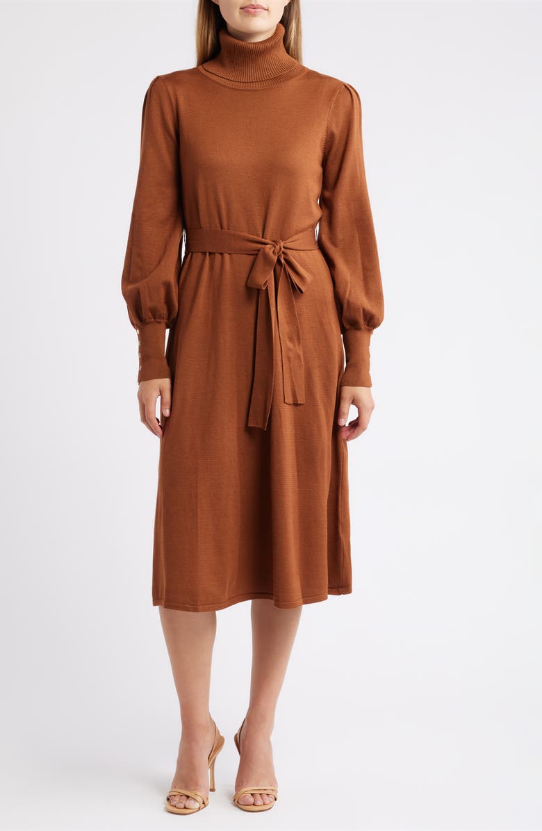 Julia Jordan Turtleneck Long Sleeve Midi Dress, Main, color, Brown
