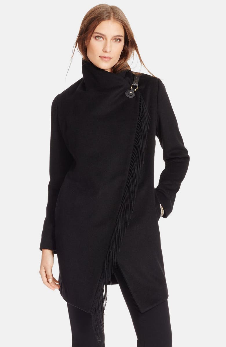 Lauren Ralph Lauren Fringe Trim Asymmetrical Wrap Coat, Main, color, 
