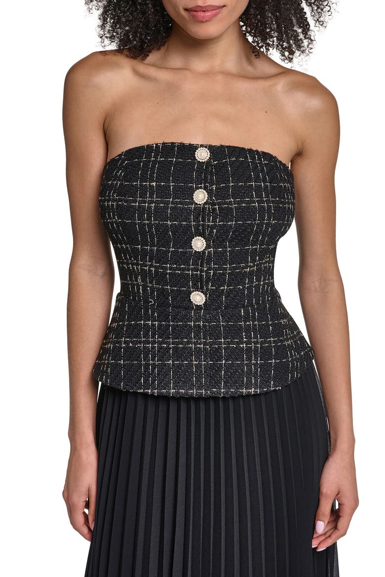 Tweed Pleated Strapless Gown, Alternate, color, BLACK GOLD