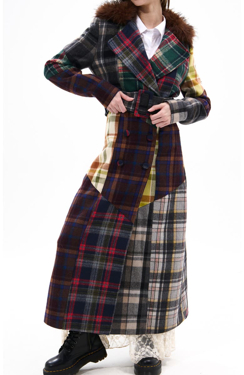 AZALEA WANG Cadault Plaid Patchwork Trench Coat, Alternate, color, Brown Multi