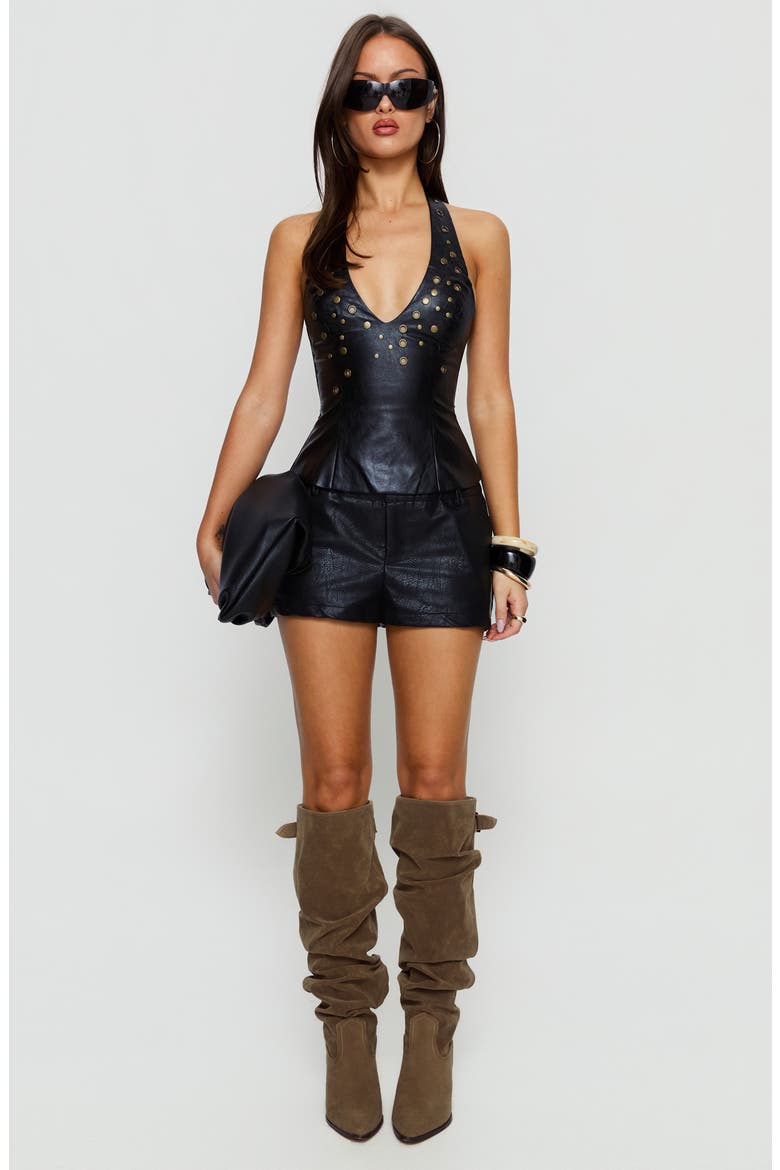 Brooklyne Studded Halter Faux Leather Top, Alternate, color, BLACK