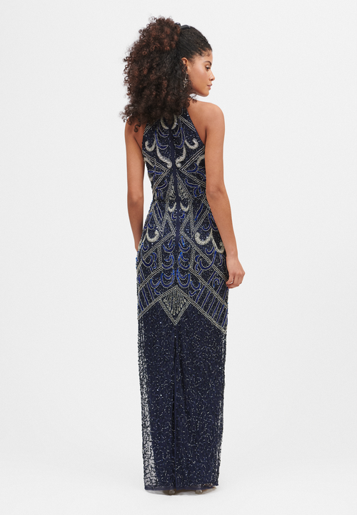 Beauut Halterneck Embellished Sequin Beaded Maxi Dress In Blue