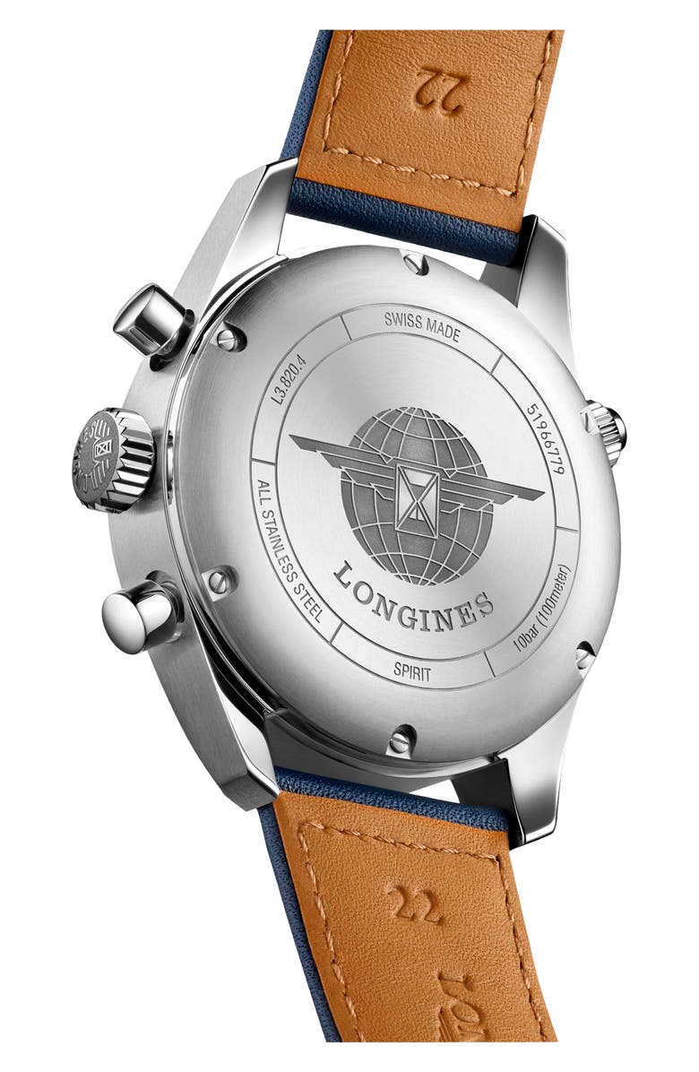 Longines Spirit Automatic Chronograph Leather Strap Watch, 42mm, Alternate, color, Blue/ Silver