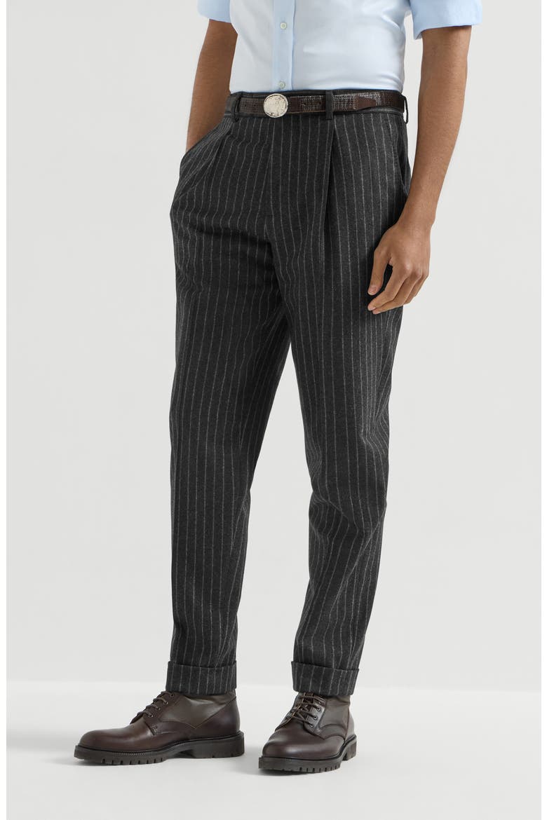 Virgin wool and cashmere chalk stripe flannel trousers with pleat, Main, color, Anthracite