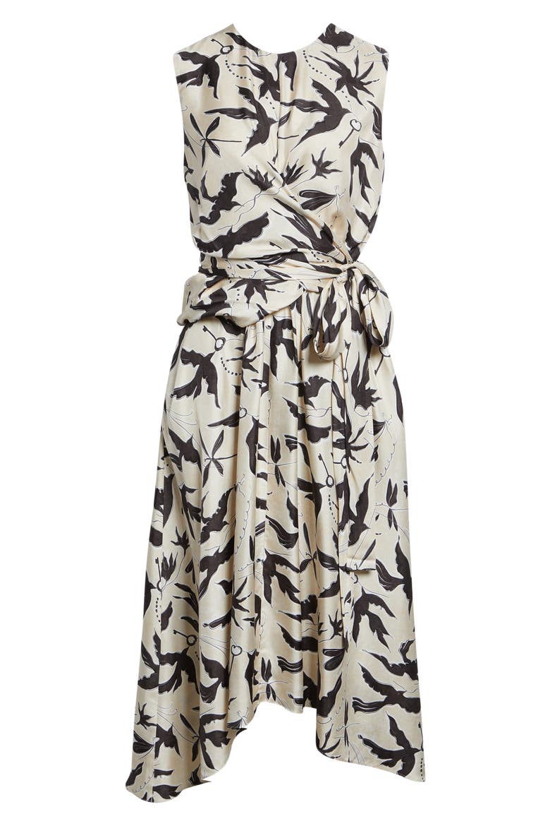 Penny Bird Print Draped Asymmetric Silk Dress, Alternate, color, 378172 TAPIOCA BIRD
