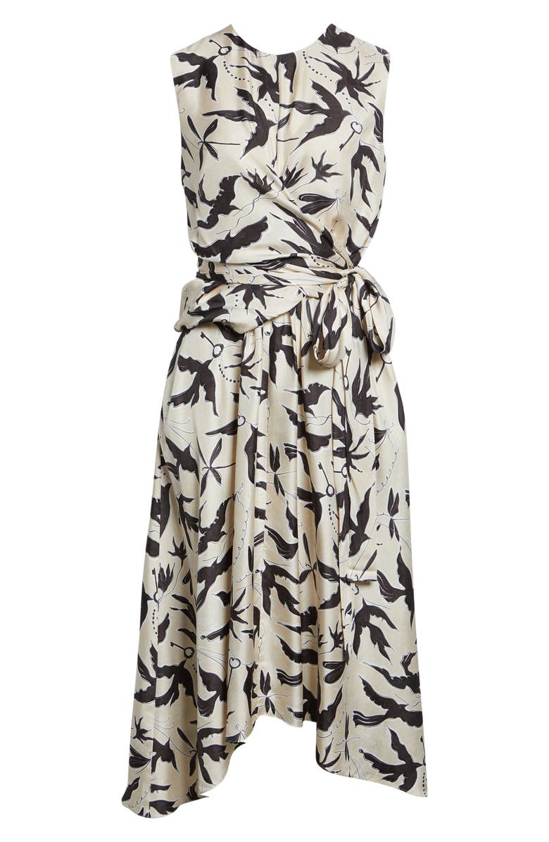 Altuzarra Penny Bird Print Draped Asymmetric Silk Dress, Main, color, 378172 Tapioca Bird