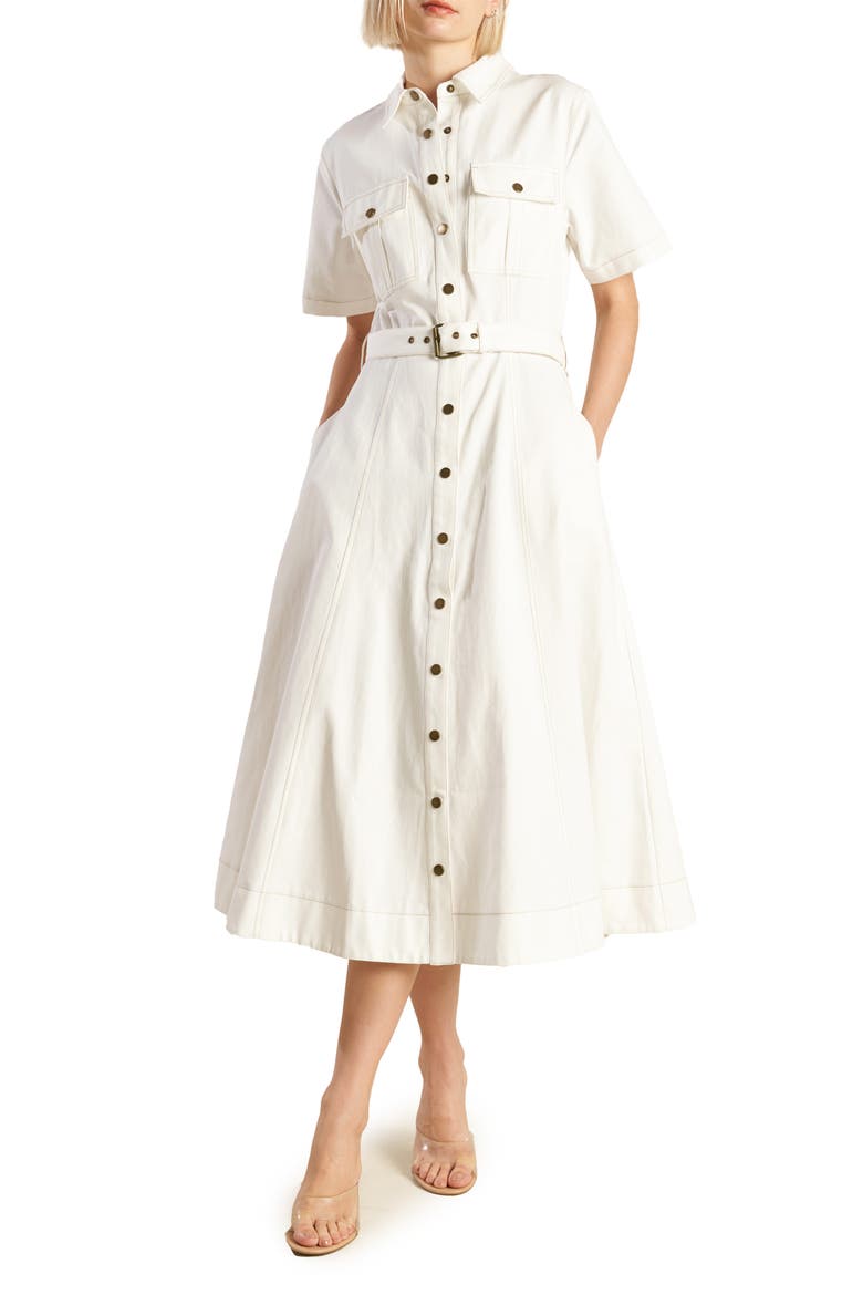 Belted Cotton Denim Midi Shirtdress, Main, color, OFF WHITE