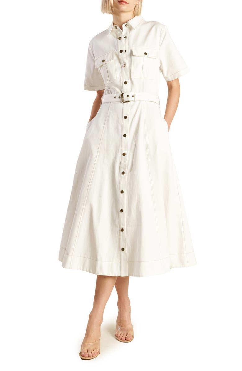 FREEMARKET Belted Cotton Denim Midi Shirtdress, Main, color, Off White